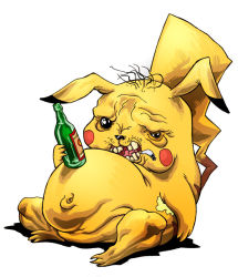 Rule 34 | aged up, alcohol, balding, beer, bottle, cigarette, creatures (company), dirty, drunk, fat, full body, game freak, gen 1 pokemon, hermesgildo, liquor, looking at viewer, missing tooth, mouth hold, navel, nintendo, no humans, open mouth, pikachu, pokemon, pokemon (creature), simple background, smoking, solo, stomach, sweat, what, white background, wine bottle