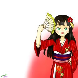 Rule 34 | 10s, 1girl, alice37125, artist name, artist request, black hair, blunt bangs, female focus, flower, green eyes, hair flower, hair ornament, hand fan, hand on own hip, highres, holding, holding fan, japanese clothes, kanzashi, kimono, kurosawa dia, long hair, looking at viewer, love live!, love live! school idol festival, love live! sunshine!!, mole, mole under mouth, obi, parted lips, red flower, red kimono, sash, sleeves past wrists, smile, solo, standing, striped, vertical stripes, wide sleeves