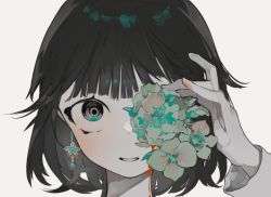 Rule 34 | 1girl, black eyes, black hair, blood, blood on face, blush, commentary request, earrings, flower, flower over eye, grey background, hand up, jewelry, long sleeves, looking at viewer, one eye covered, original, parted lips, portrait, short hair, simple background, smile, solo, star (symbol), star earrings, toasu, white flower