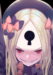 Rule 34 | 1girl, abigail williams (fate), black background, black bow, black hat, blonde hair, blush, bow, evil grin, evil smile, eyebrows, eyelashes, fate/grand order, fate (series), forehead, grin, hair bow, hat, keyhole, long sleeves, looking at viewer, multiple hair bows, open mouth, orange bow, polka dot, polka dot bow, red eyes, smile, solo, tears, ursica