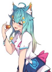 Rule 34 | 1girl, ahoge, animal ear fluff, animal ears, blue eyes, blue hair, bow, breasts, cat ears, commentary request, copyright request, fang, food, gradient hair, green hair, hair ornament, hairclip, hand up, highres, holding, holding food, ky (ky990533), long hair, multicolored hair, open mouth, pink bow, shirt, short sleeves, small breasts, solo, star (symbol), star hair ornament, tied shirt, tongue, tongue out, transparent background, very long hair, white shirt