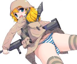 Rule 34 | 1girl, assault rifle, atsumuchi, bad id, bad pixiv id, blue eyes, call of duty, call of duty 4, freckles, gender request, genderswap, gun, happy, helmet, high-explosive anti-tank (warhead), hisakawa chin, m4 carbine, man-portable anti-tank systems, military, military uniform, orange hair, panties, paul jackson, rifle, rocket, rocket-propelled grenade, rocket (projectile), rocket launcher, rpg, rpg-7, rpg (weapon), simple background, solo, striped clothes, striped panties, striped thighhighs, thighhighs, underwear, uniform, weapon, white background