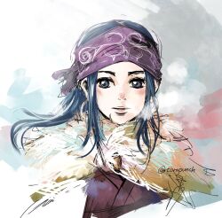 Rule 34 | 1girl, asirpa, blue eyes, blue hair, close-up, coat, commentary request, earrings, fur collar, golden kamuy, headband, highres, japanese clothes, jewelry, kimono, long hair, looking to the side, purple kimono, sidelocks, smoke, solo, torapunch, twitter username