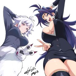 Rule 34 | 2girls, animal hands, blue eyes, bottomless, breasts, business suit, circlet, claws, cleavage, earrings, eyeshadow, formal, from below, furry, furry female, hair intakes, hand on own head, highres, hori shin, indie virtual youtuber, jewelry, large breasts, long hair, makeup, multiple girls, naga the serpent, office lady, partially unbuttoned, pencil skirt, purple hair, red eyes, sasquatch yeti, short hair, simple background, skirt, skirt suit, slayers, suit, thighhighs, v, very long hair, white background, white hair