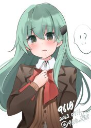 Rule 34 | !?, 1girl, 9610 (kuroto), aqua hair, artist name, blazer, bow, bowtie, brown cardigan, brown jacket, cardigan, commentary request, dated, green eyes, hair ornament, hairclip, highres, jacket, kantai collection, long hair, looking at viewer, one-hour drawing challenge, red bow, red bowtie, school uniform, simple background, solo, spoken interrobang, suzuya (kancolle), suzuya kai ni (kancolle), upper body, white background
