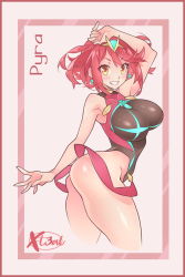 Rule 34 | 1girl, absurdres, arm up, armpits, bouncing breasts, breasts, character name, competition swimsuit, cropped legs, earrings, highleg, highleg swimsuit, highres, jewelry, large breasts, looking at viewer, one-piece swimsuit, pyra (pro swimmer) (xenoblade), pyra (xenoblade), red hair, short hair, smile, solo, swimsuit, tiara, x-t3al, xenoblade chronicles (series), xenoblade chronicles 2, yellow eyes