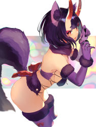 Rule 34 | 1girl, absurdres, animal ears, ass, blush, bob cut, breasts, claw pose, cosplay, eyeliner, fang, fate/grand order, fate (series), fur-trimmed gloves, fur-trimmed legwear, fur collar, fur trim, gloves, halloween costume, highres, horns, looking at viewer, makeup, mash kyrielight, mash kyrielight (dangerous beast), mash kyrielight (dangerous beast) (cosplay), o-ring, official alternate costume, okoru ringo, oni, open mouth, purple gloves, purple hair, purple thighhighs, red eyes, revealing clothes, short eyebrows, short hair, shuten douji (fate), skin-covered horns, small breasts, smile, solo, tail, thighhighs, thighs, wolf ears, wolf tail
