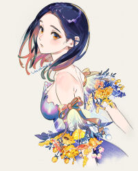 Rule 34 | 1girl, arm ribbon, artist name, backless dress, backless outfit, black hair, bouquet, breasts, detached sleeves, dress, floating hair, flower, flower ornament, from side, highres, long hair, looking to the side, medium breasts, orange eyes, original, parted lips, red ribbon, ribbon, simple background, solo, umishima senbon, upper body, white background, yellow flower