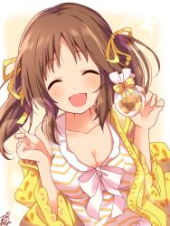 Rule 34 | 1girl, :d, ^ ^, bag, blush, breasts, brown hair, checkerboard cookie, cleavage, closed eyes, collarbone, cookie, dress, closed eyes, facing viewer, food, hair ribbon, hands up, holding, idolmaster, idolmaster cinderella girls, jacket, long hair, long sleeves, medium breasts, omuretsu, open clothes, open jacket, open mouth, plastic bag, ribbon, signature, sleeveless, sleeveless dress, smile, solo, sparkle, totoki airi, twintails, upper body, white dress, yellow jacket, yellow ribbon