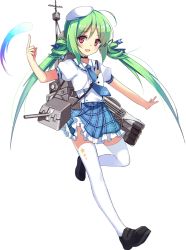 Rule 34 | 1girl, :d, anchor symbol, azur lane, bare arms, beret, black footwear, blue choker, blue necktie, blue skirt, blush, choker, comet, comet (azur lane), eyebrows, frilled skirt, frills, full body, green hair, hat, hecha (01964237), loafers, long hair, machinery, mini hat, miniskirt, name connection, necktie, official art, open mouth, pink eyes, plaid, plaid skirt, puffy short sleeves, puffy sleeves, shirt, shoes, short sleeves, skirt, smile, solo, star (symbol), star print, tareme, thighhighs, transparent background, turret, twintails, white hat, white shirt, white thighhighs, zettai ryouiki