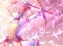 Rule 34 | 10s, 1girl, arms up, arrow (projectile), bad id, bad pixiv id, bow (weapon), bubble skirt, choker, gloves, kaname madoka, light smile, magical girl, mahou shoujo madoka magica, mahou shoujo madoka magica (anime), pink eyes, pink hair, puffy sleeves, riichu, short hair, skirt, solo, twintails, weapon, white gloves