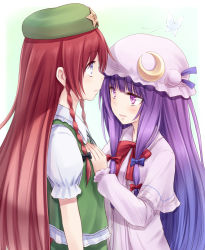 Rule 34 | 2girls, beret, blue eyes, braid, bug, butterfly, capelet, commentary request, crescent, dress, embodiment of scarlet devil, female focus, hair ribbon, hand on another&#039;s chest, hat, hong meiling, insect, long hair, multiple girls, open mouth, patchouli knowledge, purple eyes, purple hair, red hair, ribbon, simple background, smile, star (symbol), suzushiro yukari, touhou, twin braids, white background, yuri