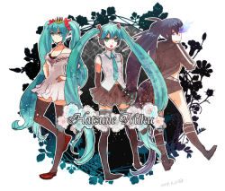 Rule 34 | 10s, 3girls, aqua eyes, aqua hair, bad id, bad pixiv id, black hair, black rock shooter, black rock shooter (character), blue eyes, boots, coat, creator connection, detached sleeves, dress, glowing, glowing eyes, hair ribbon, hatsune miku, headphones, long hair, morishima (orpheus), morpheus, multiple girls, multiple persona, necktie, ribbon, shorts, skirt, songover, thighhighs, twintails, very long hair, vocaloid, world is mine (vocaloid), zettai ryouiki