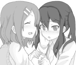 Rule 34 | 2girls, arm grab, blush, closed eyes, drawr, face, frown, greyscale, hair ornament, hairclip, hand on another&#039;s cheek, hand on another&#039;s face, hirasawa yui, k-on!, kuzu kow, long hair, monochrome, multiple girls, nakano azusa, oekaki, open mouth, short hair, sidelocks, smile, twintails