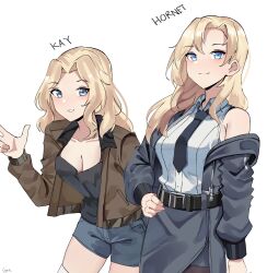 Rule 34 | 2girls, absurdres, bad id, bad twitter id, belt, black belt, black necktie, blonde hair, blue eyes, blue shorts, breasts, cleavage, closed mouth, crossover, detached sleeves, gar32, girls und panzer, grey jacket, grey skirt, grin, hand on own hip, highres, hornet (kancolle), jacket, kantai collection, kay (girls und panzer), leaning forward, long hair, looking at viewer, medium breasts, multiple girls, necktie, open clothes, open jacket, saunders military uniform, shirt, short shorts, shorts, simple background, skirt, smile, thighhighs, w, white background, white shirt, white thighhighs