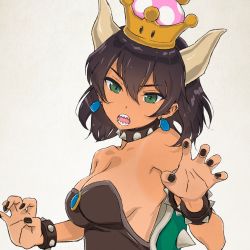 Rule 34 | 10s, 1girl, akagi (fmttps), armlet, artist name, black dress, black hair, black nails, borrowed design, bowsette, bowsette (cosplay), bracelet, breasts, claw pose, cleavage, collar, commentary request, cosplay, crown, dark-skinned female, dark skin, dress, frown, girls und panzer, green eyes, grey background, head tilt, horns, hoshino (girls und panzer), jewelry, looking at viewer, mario (series), medium breasts, nail polish, new super mario bros. u deluxe, nintendo, open mouth, short hair, solo, spiked armlet, spiked bracelet, spiked collar, spiked shell, spikes, standing, strapless, strapless dress, super crown, tan, tanline, turtle shell, twitter username, upper body