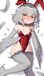 Rule 34 | 1girl, ahoge, animal ear hairband, animal ears, bare shoulders, bird legs, blush, breasts, choker, claws, commentary, english commentary, fake animal ears, grey feathers, grey hair, grey wings, hair between eyes, hairband, harpy, highleg, highleg leotard, highres, leotard, looking at viewer, medium breasts, mono (sifserf), monster girl, multicolored hair, original, playboy bunny, rabbit ears, red choker, red leotard, sifserf, small breasts, solo, talons, two-tone hair, wings, yellow eyes