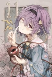 Rule 34 | 1girl, blouse, blue shirt, buttons, closed mouth, eyeball, flower, frilled shirt collar, frills, hair between eyes, hairband, hand up, heart, heart of string, highres, index finger raised, komeiji satori, long sleeves, looking at viewer, one eye closed, petals, pink hair, pointing, pointing at self, pointing up, purple hair, red eyes, ribbon-trimmed collar, ribbon trim, rose, rose petals, safutsuguon, shirt, short hair, third eye, touhou, wide sleeves