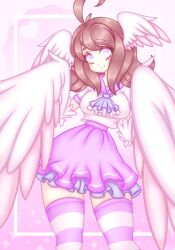 Rule 34 | 1girl, ahoge, ascot, blue ascot, blue eyes, breasts, brown hair, commentary, english commentary, feathered wings, feathers, head wings, heart, highres, huge ahoge, looking at viewer, medium breasts, medium hair, original, pink background, pink skirt, pink thighhighs, shirt, skirt, smile, solo, sparkle, striped clothes, striped thighhighs, the scarlet devil, thighhighs, white feathers, white shirt, white wings, winged arms, wings, zettai ryouiki