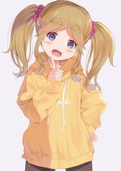 Rule 34 | 1girl, absurdres, blonde hair, blue eyes, blush, fang, file112056, finger to mouth, hand on own hip, highres, hood, hoodie, inuyama akari, open mouth, scrunchie, simple background, skin fang, solo, thick eyebrows, twintails, yurucamp