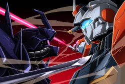 Rule 34 | beam saber, blue eyes, commentary request, duel, efreet nacht, face-to-face, g-line, glowing, glowing eyes, gradient background, gundam, gundam battlefield record uc 0081, highres, kumichou (ef65-1118-ef81-95), mecha, no humans, pink eyes, red background, robot, sword, upper body, weapon