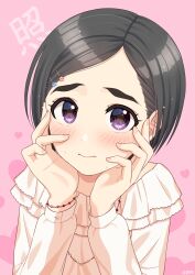Rule 34 | 1girl, black hair, blush, bracelet, commentary, embarrassed, hair ornament, hairclip, hands on own face, hands up, heart, highres, idolmaster, idolmaster cinderella girls, jewelry, long sleeves, looking at viewer, matsuo chizuru, nail polish, necklace, parted bangs, pink background, pink shirt, purple eyes, shirt, short hair, solo, strapless, strapless shirt, sweat, upper body, wgm oekaki