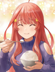 Rule 34 | 1girl, ahoge, blush, bowl, chopsticks, closed eyes, closed mouth, clothing cutout, eating, go-toubun no hanayome, hair ornament, highres, holding, holding bowl, holding chopsticks, ishiyuki, long hair, long sleeves, nakano itsuki, purple sweater, red hair, rice, rice bowl, shoulder cutout, smile, solo, star (symbol), star hair ornament, sweater, turtleneck, upper body