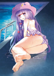 Rule 34 | 1girl, absurdres, ass, barefoot, blue ribbon, blunt bangs, blurry, blush, crescent, depth of field, embarrassed, feet, full body, greetload, hair ribbon, hat, highres, looking at viewer, lying, one-piece swimsuit, patchouli knowledge, pool, purple eyes, purple hair, purple one-piece swimsuit, red ribbon, ribbon, solo, striped clothes, striped one-piece swimsuit, swimsuit, touhou, tress ribbon, water, wet