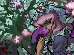 Rule 34 | 1girl, bad id, bad pixiv id, breasts, bug, butterfly, female focus, hat, bug, itsukia, nature, outdoors, pink hair, plant, saigyouji yuyuko, solo, touhou, tree, upper body