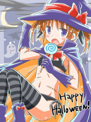 Rule 34 | 1girl, adjusting clothes, adjusting headwear, bat (animal), bikini, bikini under clothes, black bikini, black thighhighs, blue cape, blue eyes, blue footwear, blue gloves, blue hat, blush stickers, boots, bow, brown hair, candy, cape, cloud, cloudy sky, crescent moon, english text, fang, flat chest, floating, food, ghost, gloves, halloween, halloween costume, happy halloween, hat, hat bow, holding, holding candy, holding food, holding lollipop, lollipop, looking at viewer, lyrical nanoha, moon, navel, night, night sky, open mouth, orange cape, orange hat, outdoors, outline, red bow, shinozuki takumi, short hair, short twintails, side-tie bikini bottom, skin fang, sky, solo, stitches, striped clothes, striped thighhighs, swimsuit, takamachi nanoha, thighhighs, twintails, two-sided cape, two-sided fabric, two-sided headwear, white outline, witch hat