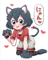 Rule 34 | 1girl, animal collar, animal ears, animal hands, arm support, bad id, bad pixiv id, black collar, black eyes, black footwear, black gloves, black hair, black pantyhose, blush, cat ears, cat tail, collar, commentary request, gloves, grey shorts, heart, highres, kaban (kemono friends), kemono friends, kemonomimi mode, kneeling, leaning forward, leash, looking at viewer, nekonyan (inaba31415), no headwear, open mouth, pantyhose, pantyhose under shorts, paw gloves, paw shoes, red shirt, ribbon, shirt, short hair, short sleeves, shorts, simple background, smile, solo, tail, tail ornament, tail ribbon, translated, wavy hair, white background