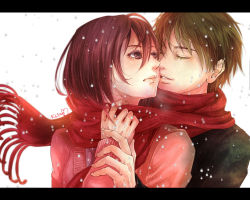 Rule 34 | 1boy, 1girl, artist name, bad id, bad pixiv id, brown hair, cheek-to-cheek, close-up, closed eyes, eren yeager, hair between eyes, heads together, heart, hetero, imminent kiss, kaine2828, kiss, letterboxed, lips, mikasa ackerman, outdoors, parted lips, red scarf, scarf, shared clothes, shared scarf, shingeki no kyojin, signature, snow, snowflakes, snowing, upper body
