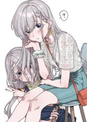 Rule 34 | 2girls, :o, ?, bag, behind another, blue overalls, blue skin, blush, braid, colored skin, commentary request, denim, denim skirt, earrings, feet out of frame, flower earrings, from side, grey eyes, grey hair, hand on own chin, head rest, highres, hisakawa hayate, hisakawa nagi, idolmaster, idolmaster cinderella girls, jewelry, lace, lace-trimmed shirt, lace trim, leaning forward, long hair, looking at viewer, multiple girls, namiko817, on chair, orange nails, overalls, shirt, shirt tucked in, short sleeves, shoulder bag, siblings, side braid, sisters, sitting, skirt, spoken question mark, squatting, v, white shirt, yellow shirt