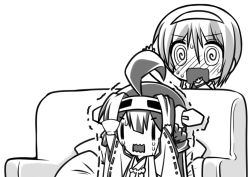 Rule 34 | !?, 10s, 2girls, @ @, ahoge, antenna hair, arms up, blush, confused, couch, crying, cup, detached sleeves, double bun, greyscale, hairband, hand to own mouth, hands on own head, headgear, japanese clothes, kantai collection, kongou (kancolle), long hair, miko, monochrome, multiple girls, natori (kancolle), nontraditional miko, open mouth, rectangular mouth, school uniform, senomoto hisashi, serafuku, short hair, sitting, surprised, sweat, teacup, tears, trembling, wavy mouth, | |, || ||