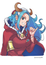 Rule 34 | 1girl, alternate costume, aosora2823, artist name, bell, black eyes, blue hair, clenched hand, commentary, earrings, english commentary, fake horns, hair ornament, highres, hoop earrings, horns, jewelry, long hair, long sleeves, looking at viewer, nefertari vivi, one piece, simple background, smile, solo, teeth, twitter username, white background
