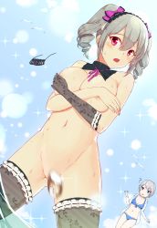 Rule 34 | 2girls, bad id, bad pixiv id, bikini, blue bikini, blurry, bow, bow bikini, breasts, c8oyk, cleavage, covering breasts, covering privates, cowboy shot, cross-laced bikini, cross-laced clothes, day, depth of field, detached collar, gothic lolita, idolmaster, idolmaster cinderella girls, idolmaster cinderella girls starlight stage, kanzaki ranko, legs apart, lolita fashion, motion blur, multiple girls, outdoors, solo focus, standing, swimsuit, wading, water drop
