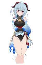 Rule 34 | 1girl, ahoge, artist name, bare legs, bare shoulders, bell, black gloves, black leotard, blue hair, blush, bodystocking, bodysuit, breasts, cameltoe, character name, chinese knot, copyright name, detached sleeves, embarrassed, flower knot, flying sweatdrops, ganyu (genshin impact), genshin impact, gloves, gluteal fold, gold trim, groin, highleg, highleg leotard, highres, horns, legs together, leotard, leotard under clothes, lifted by self, long hair, looking at viewer, medium breasts, neck bell, no legwear, purple eyes, sidelocks, solo, standing, suisui (hakkindou), sweatdrop, tassel, thigh gap, thighs, translation request, vision (genshin impact), white background, white sleeves