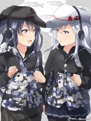 Rule 34 | 2girls, :d, akatsuki (kancolle), bad id, bad twitter id, black hat, black skirt, blue skirt, blush, camouflage, camouflage jacket, clenched hand, clenched hands, closed mouth, commentary request, cowboy shot, earmuffs, eye contact, fish, flat cap, fur trim, hair between eyes, hammer and sickle, hat, hibiki (kancolle), jacket, juurouta, kantai collection, long hair, long sleeves, looking at another, multiple girls, one-hour drawing challenge, open mouth, pleated skirt, purple eyes, purple hair, remodel (kantai collection), silver hair, skirt, smile, star (symbol), twitter username, verniy (kancolle), white hat