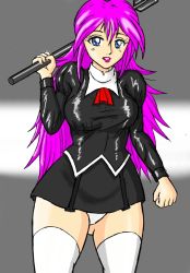 Rule 34 | 1990s (style), 1girl, agent aika, aika (series), alternate costume, artist request, black delmo, blue eyes, breasts, cosplay, crossover, delmo, dress, female focus, final fight, light smile, lips, long hair, panties, poison (final fight), retro artstyle, riding crop, short dress, solo, standing, street fighter, thick thighs, thighs, underwear, uniform, weapon, wide hips