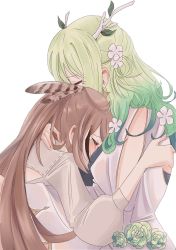 Rule 34 | 2girls, ahoge, antlers, back cutout, blouse, braid, braided bangs, branch, brown hair, ceres fauna, closed eyes, clothing cutout, crying, detached sleeves, dress, feather hair ornament, feathers, flower, green hair, hair flower, hair ornament, highres, hololive, hololive english, horns, hug, long hair, multicolored hair, multiple girls, nanashi mumei, ponytail, shirt, streaked hair, very long hair, virtual youtuber, white dress, white shirt, yorobisan