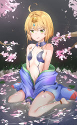 Rule 34 | 1girl, absurdres, ahoge, bare shoulders, blonde hair, blush, breasts, cardcaptor sakura, cosplay, fate/grand order, fate (series), forehead jewel, full body, green eyes, hair intakes, highres, japanese clothes, kimono, kinomoto sakura, navel, off shoulder, open mouth, petals, pond, purple kimono, revealing clothes, short hair, shuten douji (fate), shuten douji (fate) (cosplay), shuten douji (first ascension) (fate), sitting, small breasts, solo, sunhyun, v arms, wariza, water