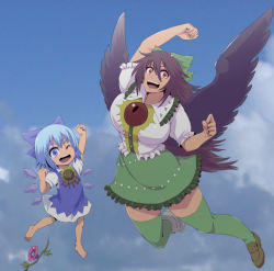 Rule 34 | 2girls, :d, ;d, arm up, asymmetrical footwear, bare arms, bare legs, barefoot, black wings, blue bow, blue dress, blue eyes, blue hair, blue sky, bow, brown hair, cirno, clenched hands, cloud, collared shirt, day, dress, floating, flower, frilled shirt, frilled shirt collar, frilled skirt, frilled sleeves, frills, full body, gundam, hair bow, hand up, hanemikakko, hidden star in four seasons, ice, ice wings, long hair, looking at viewer, mismatched footwear, multiple girls, one eye closed, open mouth, outdoors, plant, puffy short sleeves, puffy sleeves, red eyes, reiuji utsuho, shirt, short hair, short sleeves, skirt, sky, smile, sunflower, tan, tanned cirno, thighhighs, touhou, trait connection, vines, wing collar, wings, zettai ryouiki