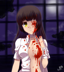Rule 34 | bandages, blood, blood on breasts, blood on face, breasts, brown hair, butter-t, censored, cleavage, convenient censoring, guro, original, scar, smile, stitches, string, wink, yellow eyes