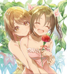 Rule 34 | 2girls, :d, bare shoulders, blush, bow, brown hair, closed mouth, dress, e sky rugo, fingernails, flower, hair bow, highres, holding, holding flower, hug, hug from behind, idolmaster, idolmaster cinderella girls, imai kana, lily (flower), medium hair, mimura kanako, mother and daughter, multiple girls, nail polish, open mouth, pink bow, pink dress, pink nails, red flower, round teeth, smile, teeth, twintails, upper teeth only, yellow dress, yuri