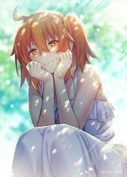 Rule 34 | 1girl, abe inori, ahoge, alternate costume, bare shoulders, blush, casual, closed mouth, commentary request, dress, fate/grand order, fate (series), frilled dress, frills, fujimaru ritsuka (female), hair between eyes, hair ornament, hair scrunchie, hand on own cheek, hand on own face, light rays, lips, looking at viewer, orange hair, outdoors, ponytail, scrunchie, short hair, side ponytail, sidelocks, sitting, sleeveless, sleeveless dress, smile, solo, twitter username, white dress, yellow eyes, yellow scrunchie
