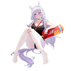 Rule 34 | 1girl, absurdres, breasts, eyebrows hidden by hair, gold ship (run revolt launcher) (umamusume), gold ship (umamusume), highres, horse girl, long hair, looking at viewer, medium breasts, open mouth, pantyhose, pantyhose under swimsuit, purple eyes, simple background, sitting, smile, solo, sunglasses, swimsuit, tangdouji (machine), teeth, umamusume, very long hair, white background, white hair, white pantyhose