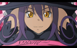 Rule 34 | 00s, 1girl, blair (soul eater), breast press, breasts, hat, heart, purple hair, smile, solo, soul eater, spoilers, vector trace, witch hat, yellow eyes