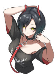 Rule 34 | 1girl, absurdres, arm behind head, arm up, azur lane, bare shoulders, black choker, black hair, black shirt, breasts, casual, choker, commentary request, expressionless, from above, hair over one eye, hand up, hands up, highres, horns, looking at viewer, medium breasts, medium hair, multicolored hair, off-shoulder shirt, off shoulder, parted lips, print shirt, shirt, short sleeves, slit pupils, solo, soul (dp11), staring, two-tone hair, ulrich von hutten (azur lane), upper body, white hair, yellow eyes