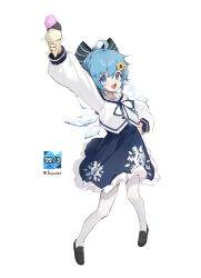 Rule 34 | 1girl, absurdres, ahoge, alternate costume, arm up, black footwear, black skirt, blue bow, blue eyes, blue hair, blush, bow, cirno, fairy, fang, food, full body, hair bow, highres, holding, holding food, ice, ice wings, long sleeves, open mouth, sailor collar, shoes, short hair, simple background, siyumu, skin fang, skirt, smile, solo, touhou, white background, white sailor collar, wings