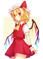 Rule 34 | 1girl, ascot, bad id, bad pixiv id, blonde hair, blush, cowboy shot, crystal, diagonal stripes, fingernails, flandre scarlet, hair between eyes, hat, hat ribbon, honotai, looking at viewer, mob cap, outline, parted lips, pointy ears, puffy short sleeves, puffy sleeves, red eyes, red ribbon, red skirt, red vest, ribbon, shirt, short hair, short sleeves, skirt, skirt set, solo, standing, striped, striped background, thighs, touhou, vest, white background, white hat, white outline, white shirt, wings, wrist cuffs, yellow ascot